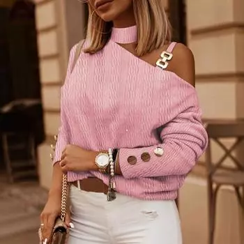 Женская мода сексуальная цепочка с пуговицами украшение длинный рукав рубашка блузка S чёрный