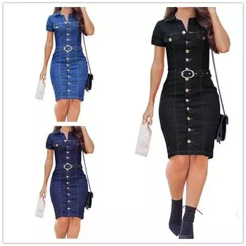 Женская мода сексуальная джинсовая юбка с коротким рукавом и пуговицами с отворотом платье L чёрный