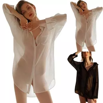 Женская мода Сексуальная однотонная пижама Sapel Сексуальная рубашка Топ One Size чёрный