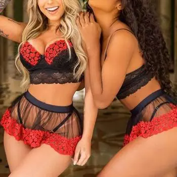 Женская мода Сексуальная печать Bralette Трусики Кружева Короткая юбка Комплект нижнего белья L