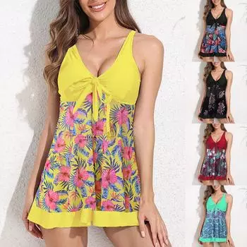 Женская мода Сексуальная сетчатая юбка с принтом Трусики Сплит Бикини Купальник M жёлтый