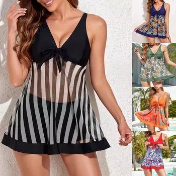 Женская мода Сексуальная сетчатая юбка с принтом Трусики Сплит Бикини Купальник XXL синий