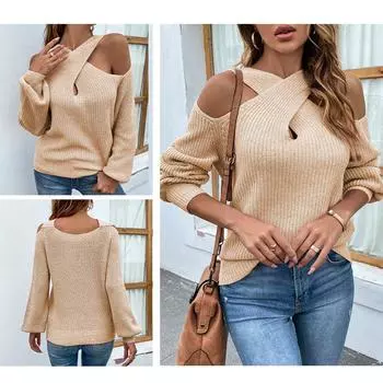 Женская мода сексуальная теплая одежда свитер с открытыми плечами V-образный вырез трикотажный пуловер топ S хаки