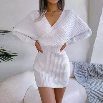 Женская мода сексуальная юбка с крестообразным V-образным вырезом и запахом на бедрах шерстяное платье M белый