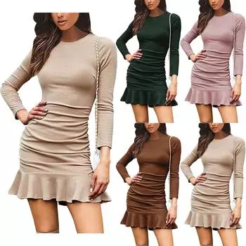 Женская мода сексуальная юбка трикотажная с длинным рукавом плиссированное платье-футляр M бежевый