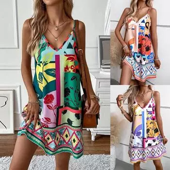 Женская мода сексуальное без рукавов V-образный вырез принт средней длины платье XXL бежевый