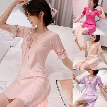 Женская мода, сексуальное шелковое атласное ночное платье, 8 цветов, ночная рубашка с коротким рукавом, кружевное платье для сна, ночная рубашка с v-образным вырезом, ночная рубашка, одежда для сна, ночная рубашка M фиолетовый