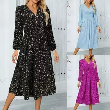 Женская мода сексуальные длинные рукава V-образный вырез банкетные платья платья миди тонкая талия блестящие блестящие платья L чёрный