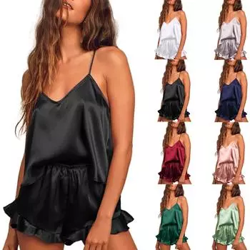 Женская мода, сексуальные однотонные атласные пижамы на подтяжках из двух частей, одежда для сна L чёрный