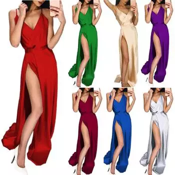 Женская мода сексуальные платья без рукавов с v-образным вырезом и разрезом в пол L синий