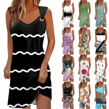 Женская мода Сексуальные повседневные платья без рукавов с v-образным вырезом и принтом S