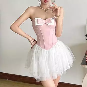 Женская мода сексуальные Spice Girls с грудью контрастного цвета бант талии платье S розовый