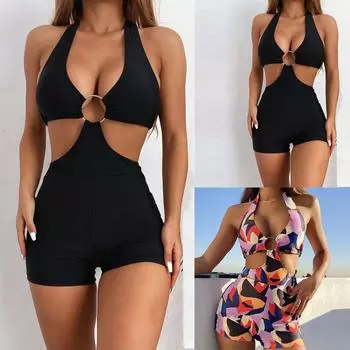 Женская мода, сексуальный цельный купальник бикини с высокой талией, пляжный купальник для свиданий M чёрный