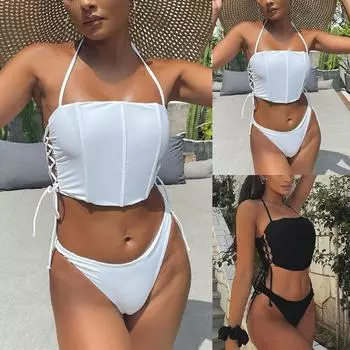 Женская мода сексуальный цельный купальник из двух частей с принтом бикини M чёрный