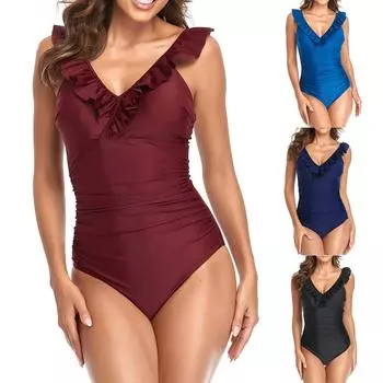 Женская мода сексуальный камзол бикини сексуальный темный V однотонный цельный купальник с рюшами на животе XXL чёрный