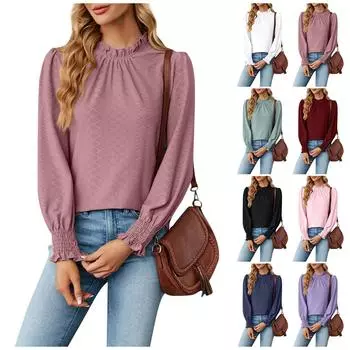 Женская мода сексуальный круглый вырез однотонный кружевной длинный рукав плиссированный топ L чёрный