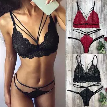 Женская мода, сексуальный кружевной костюм с разрезом, сексуальный беспроводной бюстгальтер, нижнее белье, трусики L чёрный