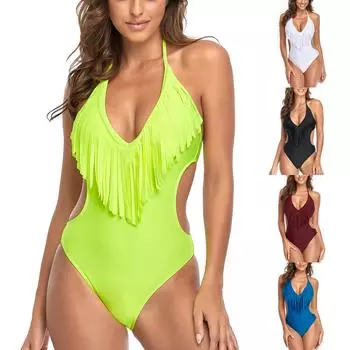 Женская мода, сексуальный купальник-бикини, сексуальный темный V-образный вырез, однотонный цельный купальник L чёрный