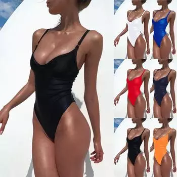 Женская мода сексуальный купальник бикини сплошной цвет пляжный купальник L синий