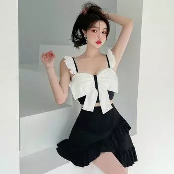 Женская мода, сексуальный купальник из двух частей, мягкий купальник с бантиком и открытой спиной, юбка с рюшами, комплект купальников с высокой талией, купальный костюм танкини для похудения M