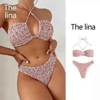 Женская мода, сексуальный купальник из двух частей с принтом, купальник с лямкой на шее, мягкий топ, трусы с высоким вырезом, комплект купального костюма, танкини с открытой спиной, купальный костюм S