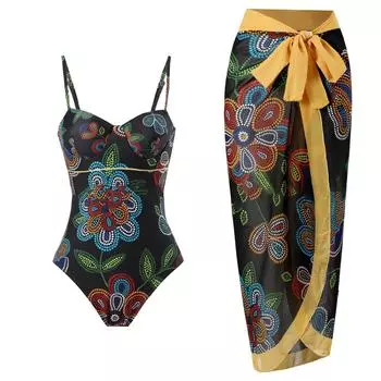 Женская мода, сексуальный купальник с v-образным вырезом и принтом, бандажный ремень, пляжная одежда с открытой спиной, юбка, монокини, бикини, купальник, купальник из 2 предметов L оранжевый