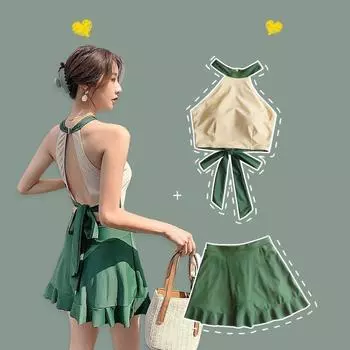 Женская мода, сексуальный однотонный купальник из двух предметов с подкладкой на шнуровке сзади, топ с воротником-халатером, юбка с рюшами, комплект для купания, женский купальный костюм танкини с высокой талией M