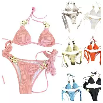 Женская мода сексуальный однотонный купальник бикини с цепочкой (2 комплекта с накладками на грудь без стального бюстгальтера) M бежевый