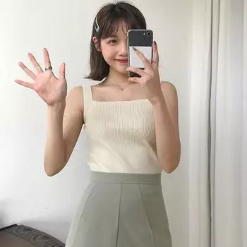 Женская мода, сексуальный однотонный пуловер без рукавов с квадратным воротником, вязаный укороченный топ на бретелях One Size синий