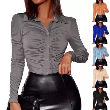 Женская мода сексуальный плиссированный кардиган с лацканами однобортная рубашка с длинными рукавами L бежевый