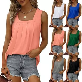 Женская мода, сексуальный плиссированный жилет без рукавов с квадратным вырезом, однотонный топ XXL чёрный