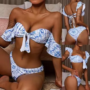 Женская мода сексуальный принт сплит костюм купальник рюшами бикини бюст M белый