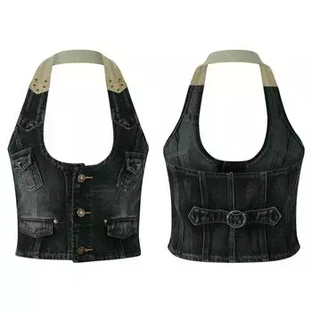 Женская мода сексуальный ретро досуг джинсовый жилет L синий