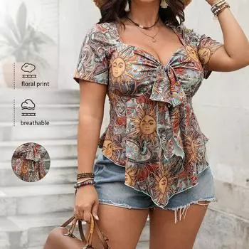 Женская мода сексуальный шнуровка свободный принт топ 1XL серый