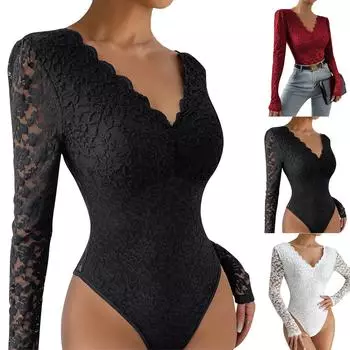 Женская мода сексуальный сплошной цвет кружева с длинным рукавом тонкий боди M белый