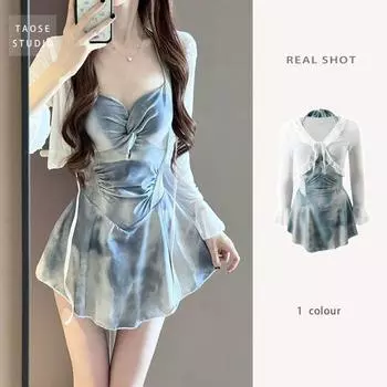 Женская мода Сексуальный Tie Dye Солнцезащитный купальник со шнуровкой сзади Мягкий повод с открытой спиной Монокини с длинными рукавами Прикрытие Купальники Горячий весенний купальный костюм S