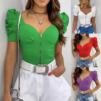 Женская мода сексуальный U-образный вырез однотонный цвет рукав-фонарик спереди молния короткий рукав топ L зелёный