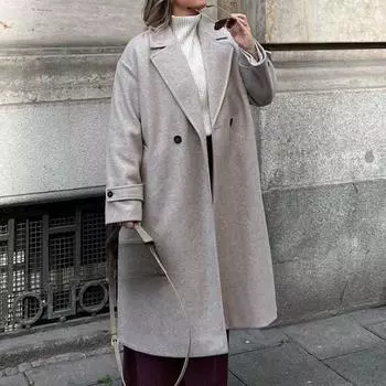 Женская мода шерстяная смесь теплое длинное пальто осень-зима свободный карман двубортный пиджак элегантное пальто с лацканами XS чёрный