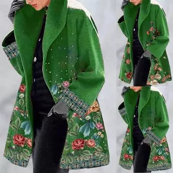 Женская мода шерстяное пальто с карманами и длинными рукавами с лацканами и принтом L армия зеленый