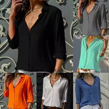 Женская мода шифоновые рубашки весна осень футболка с v-образным вырезом новая повседневная свободная рубашка с длинным рукавом M чёрный