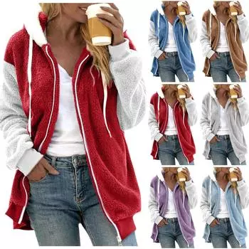 Женская мода шить свободные толстовки с длинным рукавом плюшевое пальто на молнии L синий