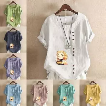 Женская мода, симпатичная футболка с круглым вырезом и коротким рукавом для мальчиков, повседневная рубашка из хлопка и льна с рисунком, свободная летняя блузка для отдыха, топы S розовый