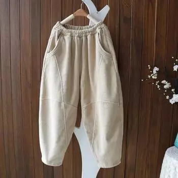 Женская мода Simplicity Art Retro Высокая талия Бархатные карманы Свободные большие по размеру утягивающие повседневные брюки-редиски M