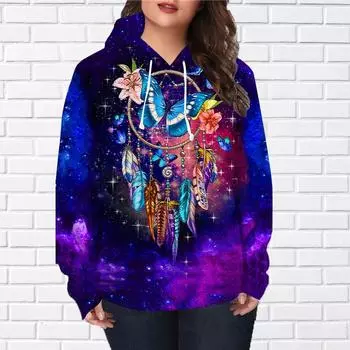 Женская мода Синий ветер Chime Бабочка Принт Свободные толстовки Топы Блузка Толстовка Повседневный Длинный рукав Пуловер Топы XS синий