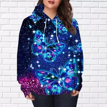 Женская мода синяя блузка с принтом бабочек, свободная толстовка с капюшоном, повседневная блузка с длинным рукавом, пуловер XS красный