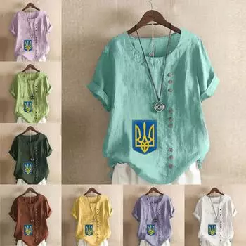 Женская мода, синяя футболка с принтом и круглым вырезом, с коротким рукавом, повседневная хлопково-льняная рубашка с рисунком, свободная летняя блузка для отдыха, топы больших размеров S розовый