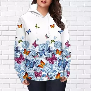 Женская мода Синяя красивая бабочка Принт Свободные толстовки Топы Блузка Толстовка Повседневный длинный рукав Пуловер Топы XS розовый