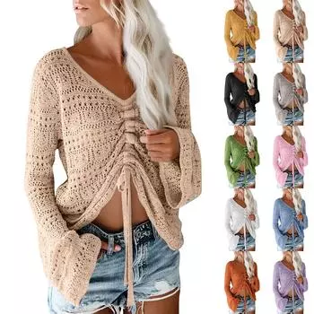 Женская мода скелет расклешенный рукав завязка трикотажный свитер длинный рукав топ L бежевый