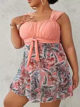 Женская мода, скромный купальник из двух частей, мягкий купальник со шнуровкой и принтом, однотонные трусы, комплект купального костюма большого размера, танкини, купальный костюм 0XL