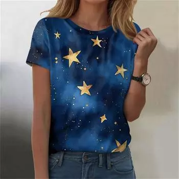 Женская мода Sky Print модная универсальная облегающая футболка с коротким рукавом L синий
